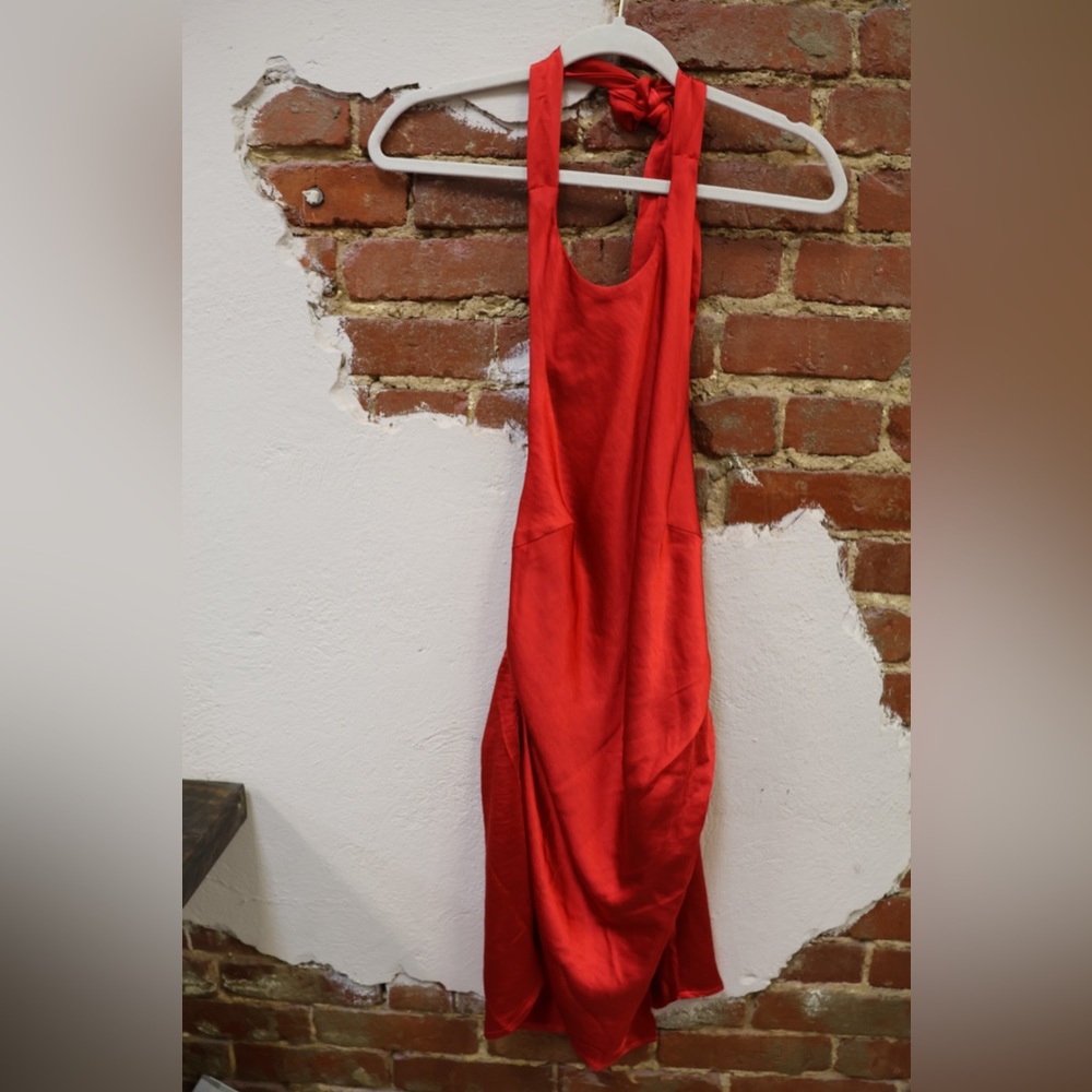 RED SATIN HELLO MOLLY HALTER DRESS
